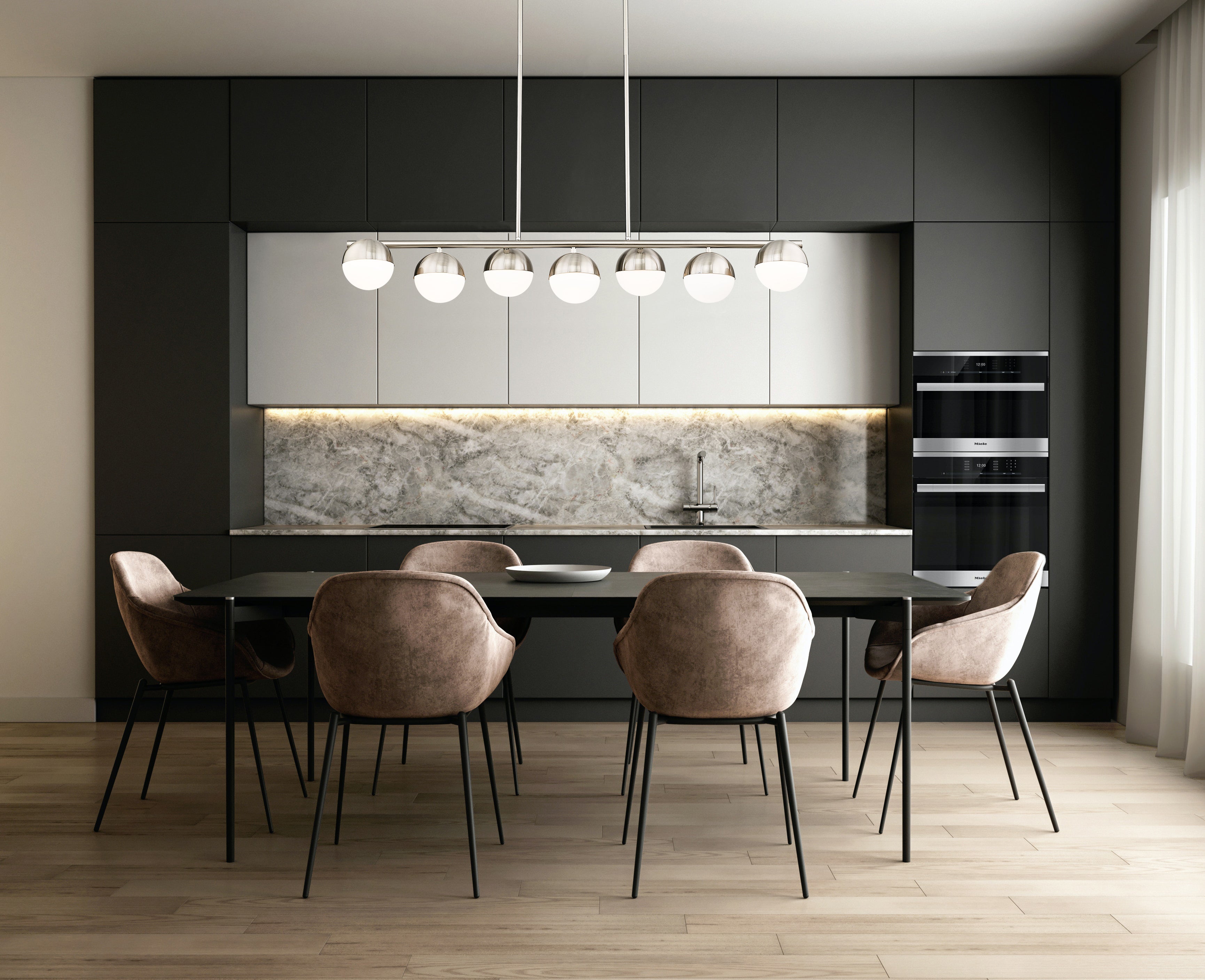 Realm Sphere 7 Light Linear Chandelier Brushed Nickel