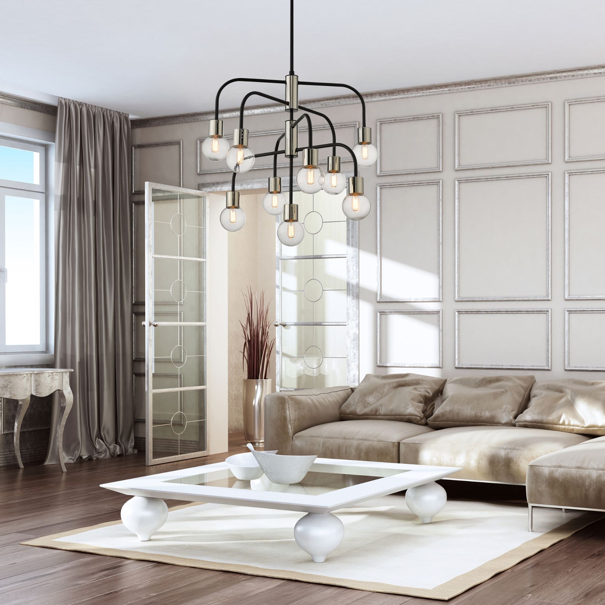 Neutra 9 Light Chandelier Matte Black + Polished Nickel